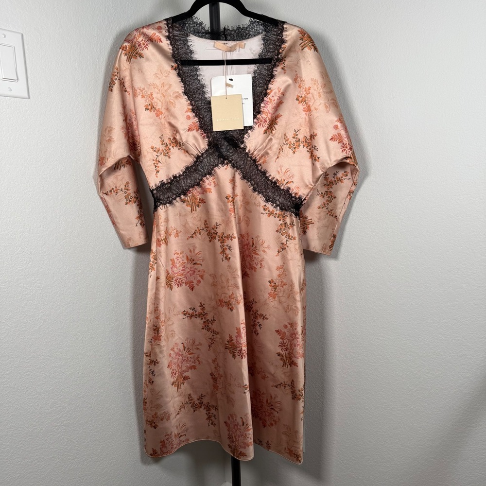NWT Brock Collection Dharma Dress Peach Multi Floral Lace Trim Satin Midi 10